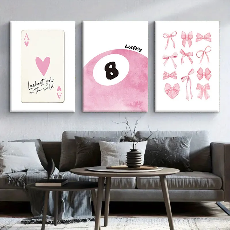 3pcs-pink-poker-canvas-art-poster-prints-with-frame-home-decoration-pink-bow-canvas-beautiful-girl's-bedroom-wall-decoration