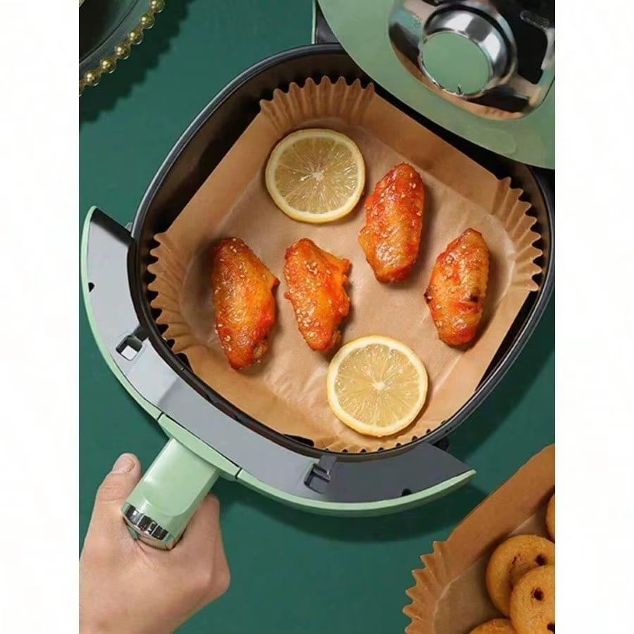 100 unidades de papel manteiga descartável quadrado e redondo para fritadeira, papel antiaderente para assar, cozinhar, churrasco e atividades ao ar livre