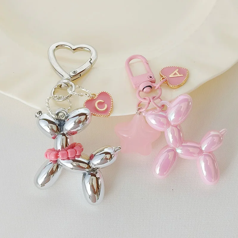 Cute Balloon Dog Keychain Silver Pink Color Custom Letter Pendant Keyring for Car Bag Decoration Women Girls Birthday Gift