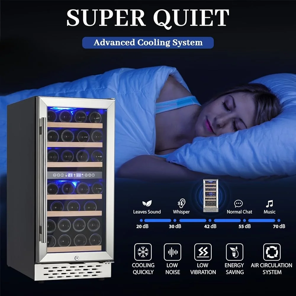 ثلاجة نبيذ صغيرة 28 زجاجة ضاغط مزدوج للتحكم في درجة الحرارة مبرد نبيذ مدمج قائم بذاته خزانة تخزين مدمجة LED