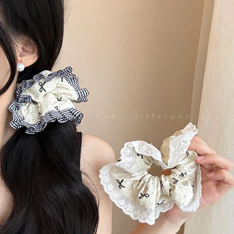 Ballet Bow Lace Scrunchie for Women - Sweet Girly Style Hair Accessory with Elegant Appeal.