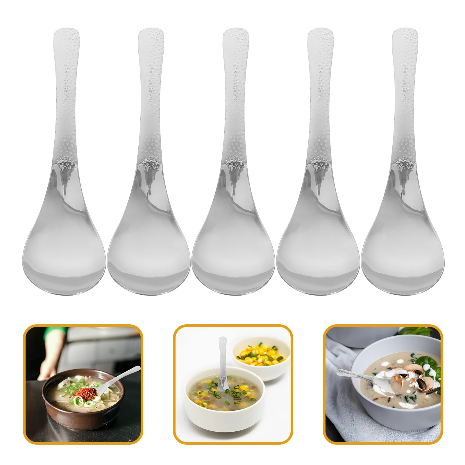 

5 pcs Stainless Steel Spoon Hammered Round Bottom for Home Restaurant Soups Rice Food Catering Dinner Coffee Chinese