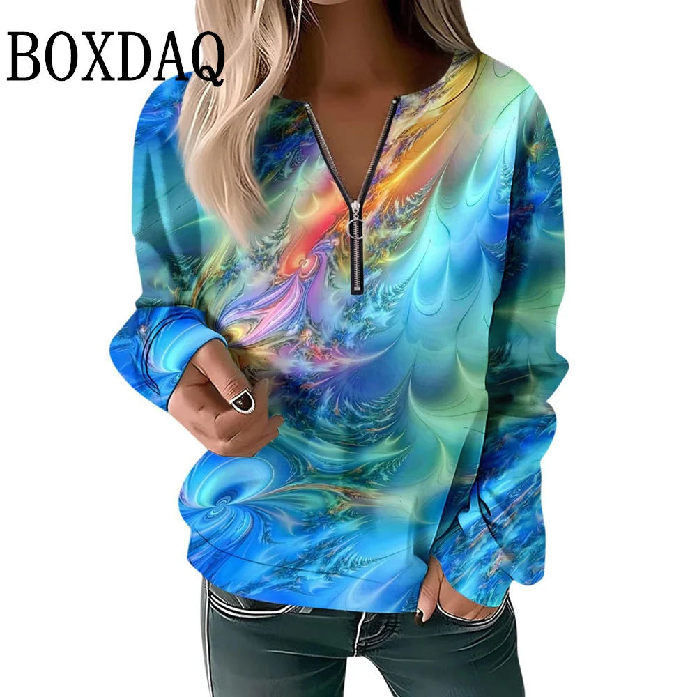 เสื้อสเวตเชิ้ตแขนยาวพิมพ์ลายไท-ได ลายพิมพ์นามธรรม สำหรับผู้หญิง สไตล์ลำลอง ใส่ได้ทุกวัน คอวี ซิป  สำหรับฤดูใบไม้ร่วงและฤดูหนาว ปี 2025