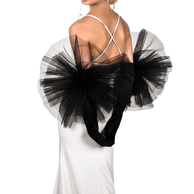 رجل فستان العروس الساتان أداء الزفاف الأسود مبالغ فيه قفازات زهرة كبيرة قفازات آداب ممتدة