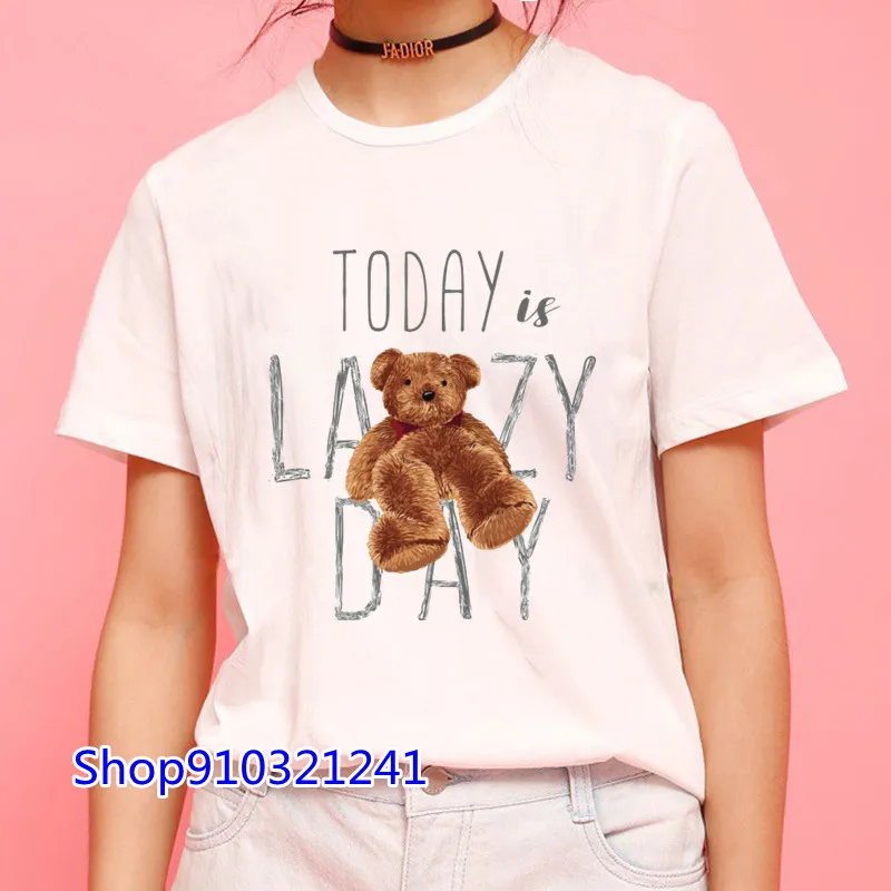 Cute Teddy Bear Print Cartoon T Shirt Women Summer Round Neck Short Sleeve Fashion T Shirt Femme Casual Streetwear Tops