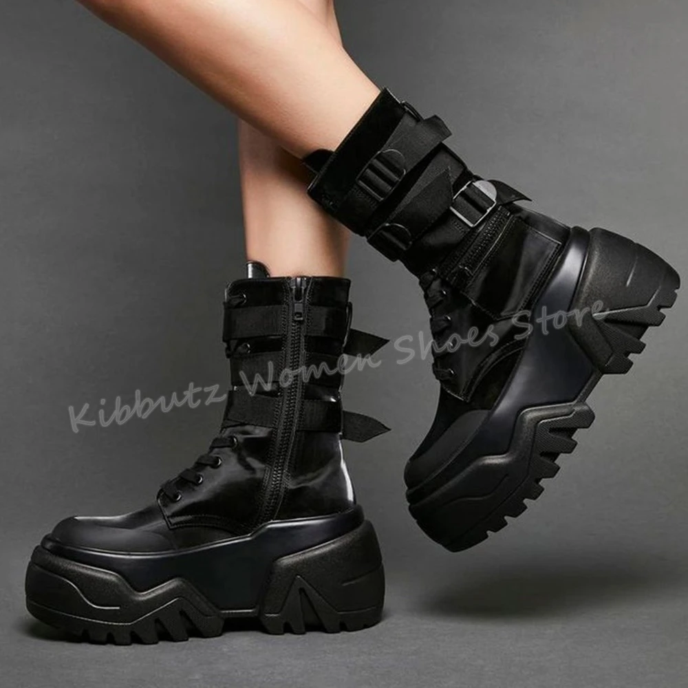 

Belt Buckle Ankle Motorcycle Boots Platform Round Toe Height Increasing Solid Color Lace-Up Fashion Concise Sexy Women Shoes New