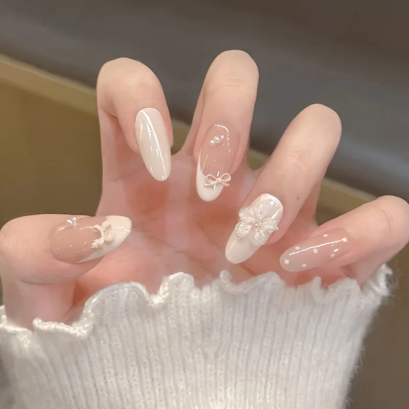 24Pcs/set Women White Full Cover Nail Tips Mid-length Almond Head Fake Wearable Nails Art Flower Bow Design False Nails Press On