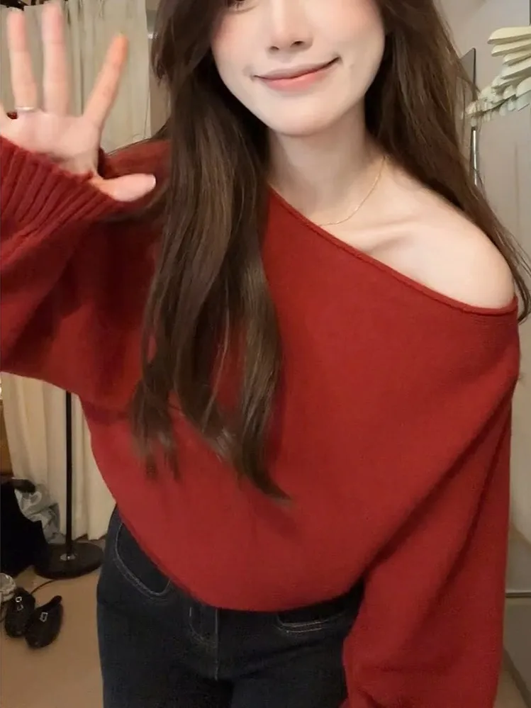 Cisas Nieuwjaar oulder Bared Sweater Dames Los Gebreid Lang Sve Herfst Winter Warm Aosphere Feeling