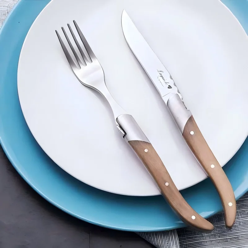 

8,25 "6 шт., ножи для стейка с ручкой из оливкового дерева, набор вилок и ложек, обеденный нож из нержавеющей стали, столовые приборы, настольный нож, острая головка