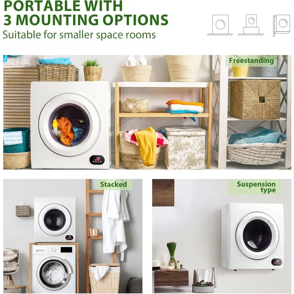 Compact Laundry Dryer, 2.65 cu ft Front Load Stainless Steel Clothes Dryers with Exhaust Pipe, 1400W, LCD Panel Four-Function