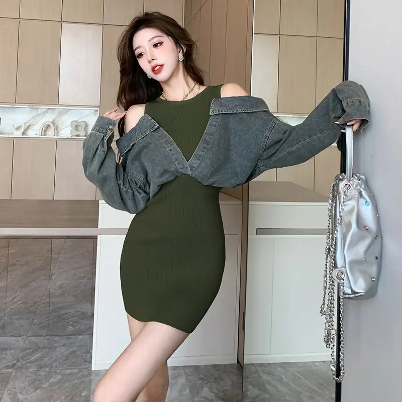 Knitted Short Denim Dress Patchwork Off Shoulder Long Sleeved Shirt Vestidos De Mujer Elegantes Vintage High Casual Robe Femme