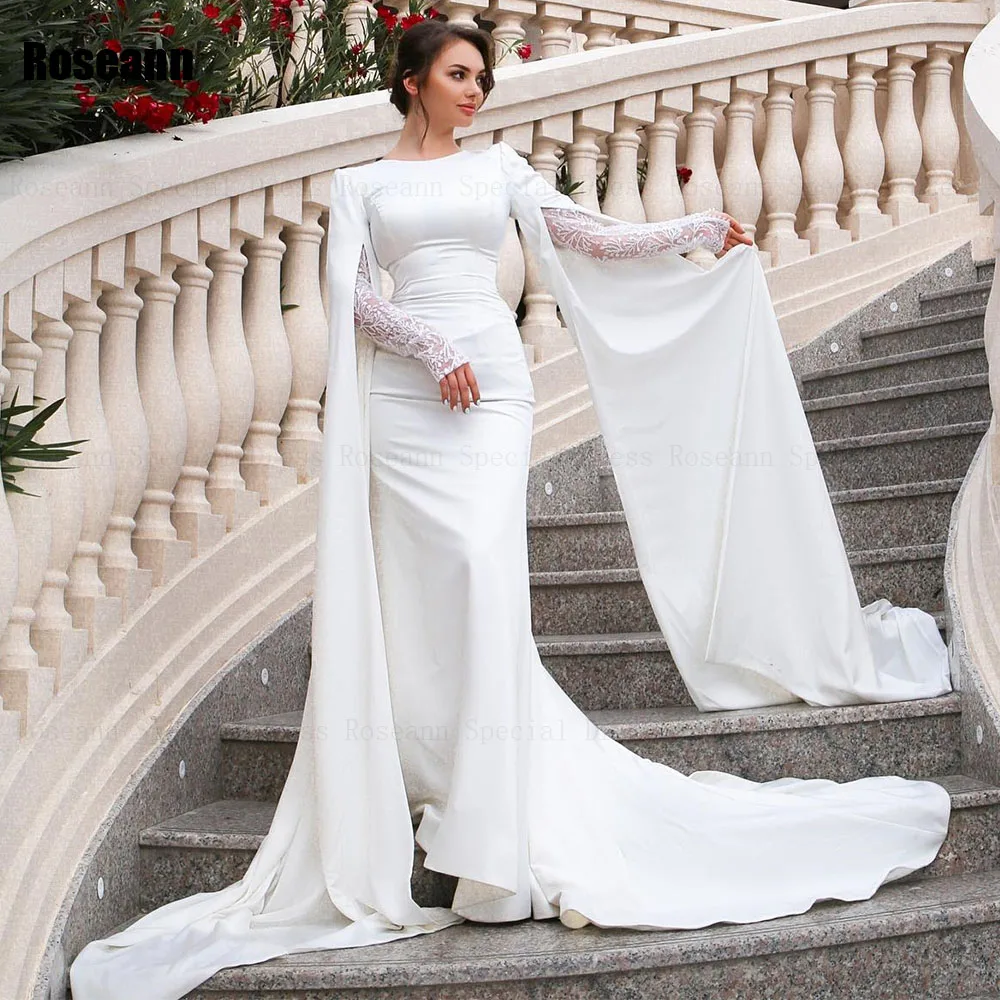 Vestido de novia de corte en A, traje sencillo musulmán, cuello redondo, encaje, marfil, largo hasta el suelo, 2024