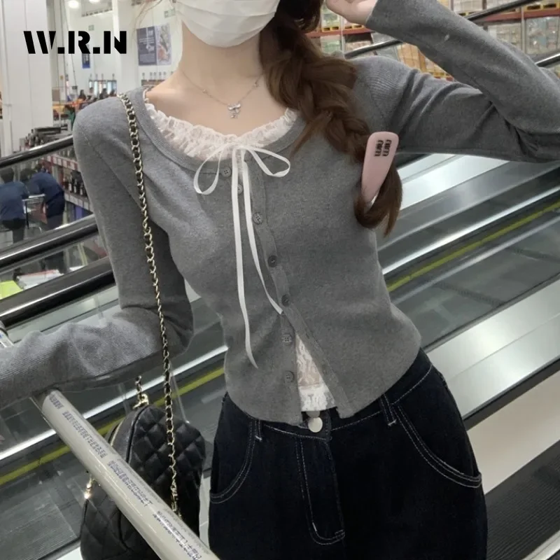 Koreaanse Zoete Casual Patchwork Kant Lange Mouw Ronde Hals T-shirts Dames Boog Fee Shoujo Stijl Single Breasted Tees Tops