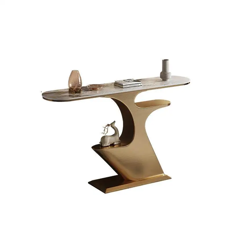 #Italian Light Luxury Modern Simple Stainless Steel Rock Board Entrance Table Gold Silver Treasure Living Room Furniture