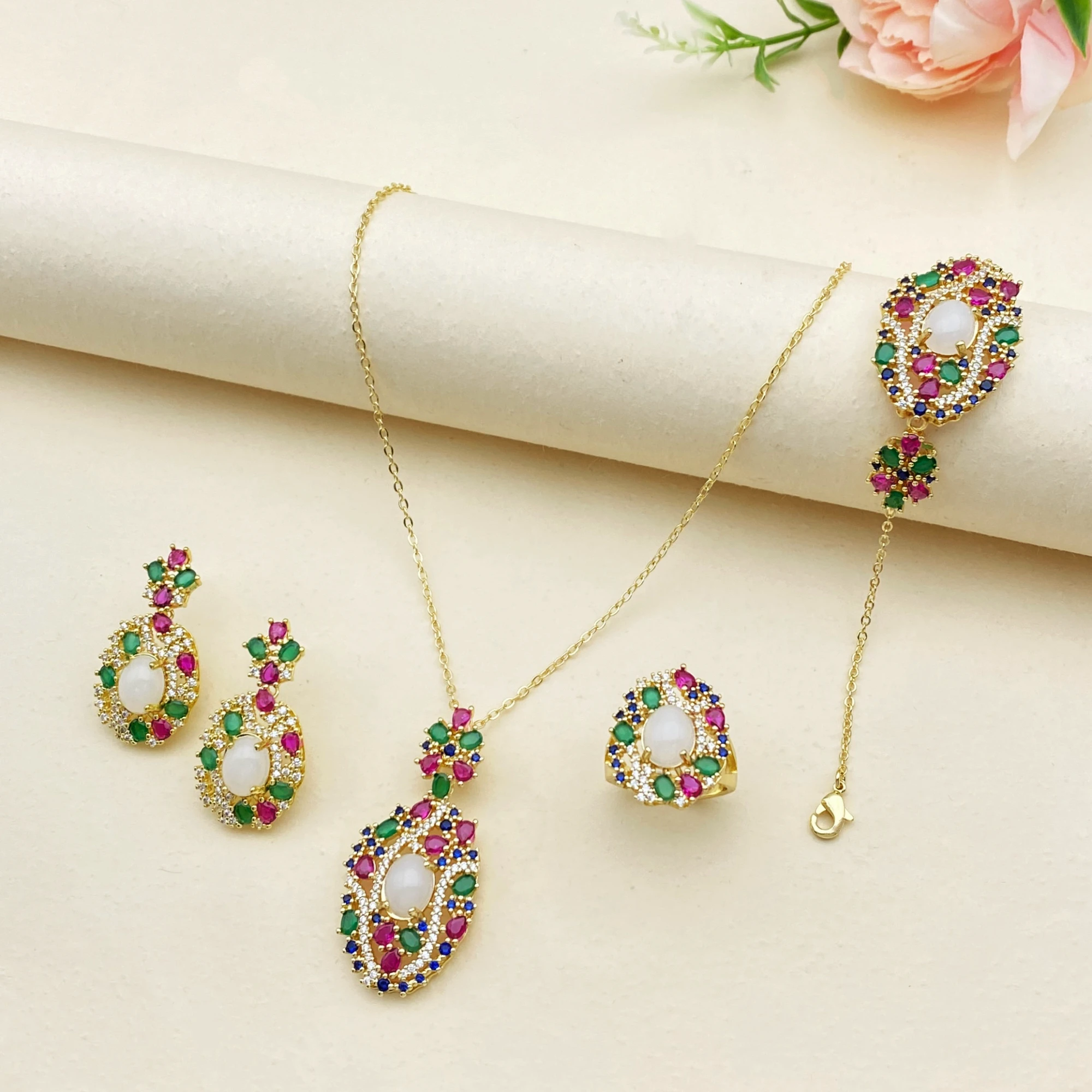 

Подарочный набор Falair Festival: Изысканный комплект украшений с цирконами, позолоченная медь, элегантное женское ожерелье, серьги, кольцо, браслет, подарочная коробка