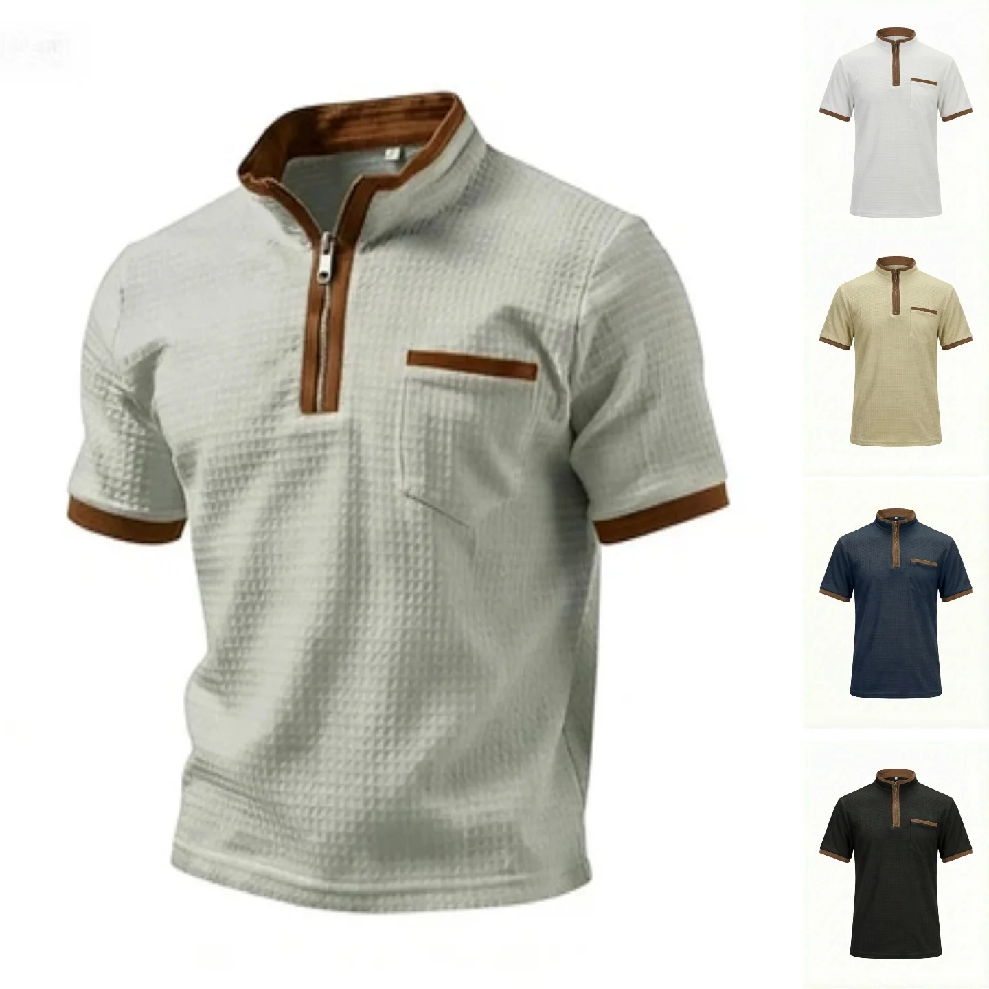 Summer men's new zipper pocket stand-up collar, casual loose-fitting breathable and comfortable sports short-sleeved POLO shirt