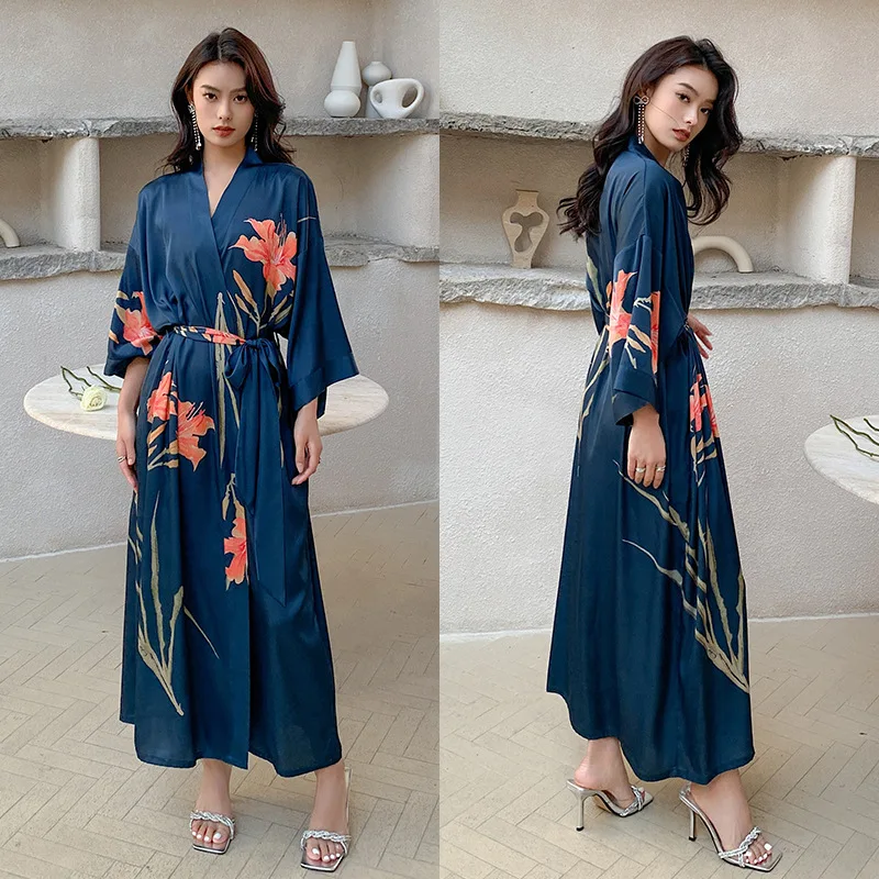 Women\'s Kimono Sexy Silk Pajamas Robe Bath Gown Nightgown Summer Casual Home Dress Flower Printed Sleepwear Nightwear Bathrobe