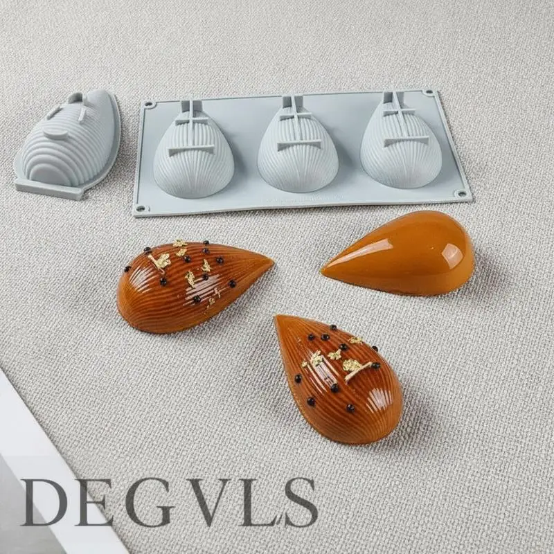 1/3 Cavity Non-Stick Silicone Mold Vertical Striped Shell Water Drop Design for Mousse Pudding Party Dessert Making