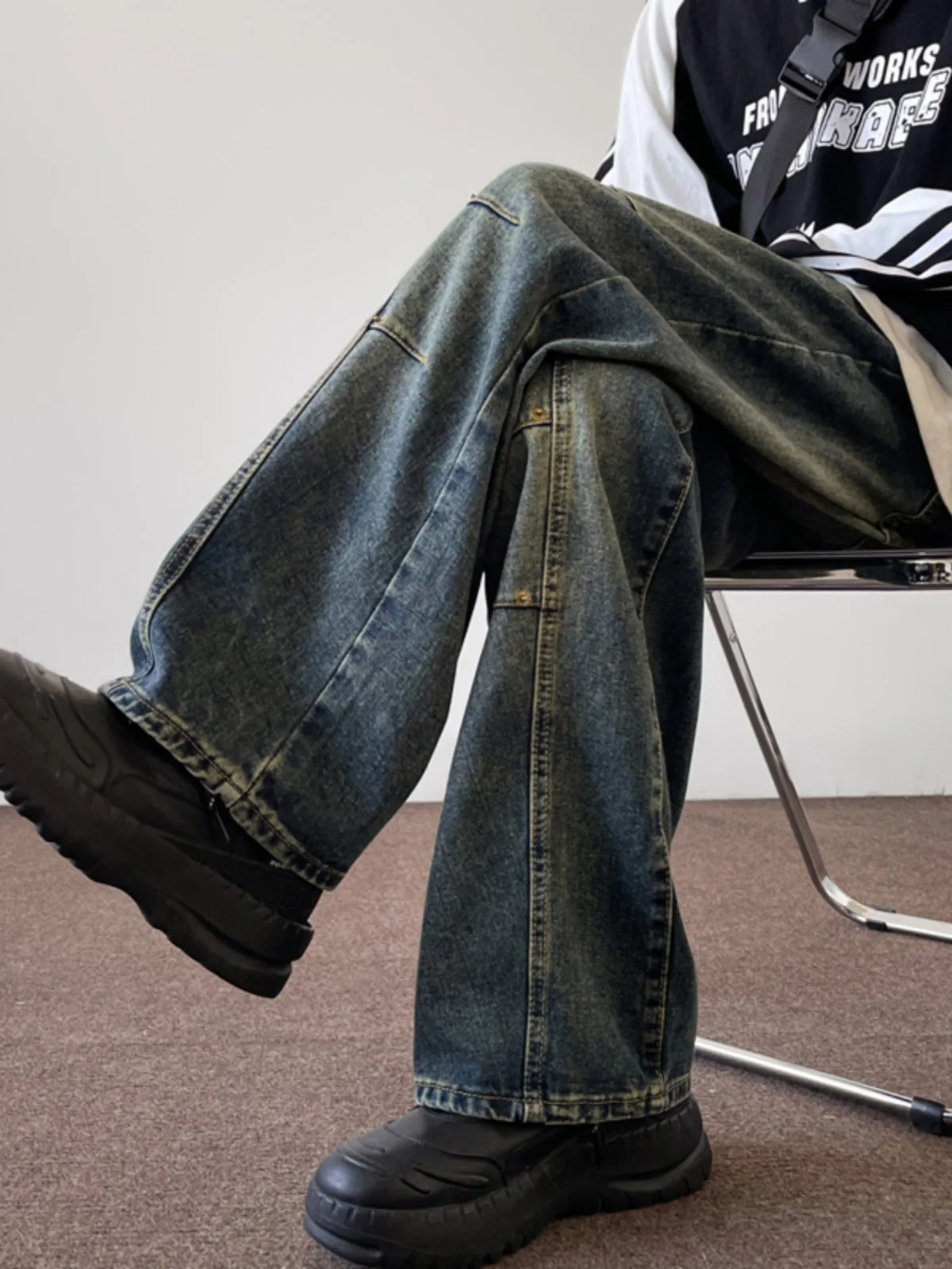 

Casual Men's Workwear Jeans Autumn New American High Street Vibe Splicing Design Long Pants Youth Trendy Straight Leg Jeans