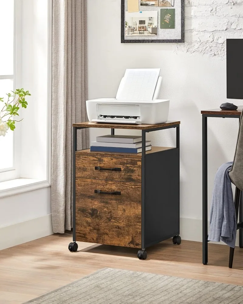 

Mobile Filing Cabinet with Wheels, 2 Drawers, Open Shelf, for A4, Letter Size, Hangig File Folders, Rustic Brown and Ink Black
