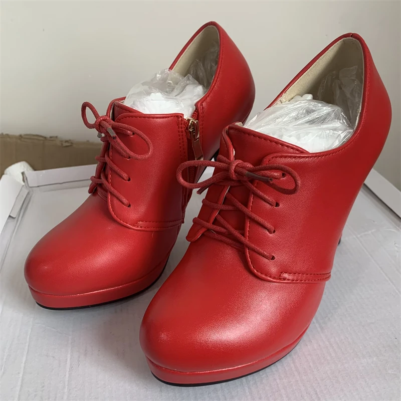 Elegant Red Pink Heels Women‘s Pumps Shoes Platform Lace Up High Heels OL Working Party Wedding Shoes Female Ankle Boots Spring