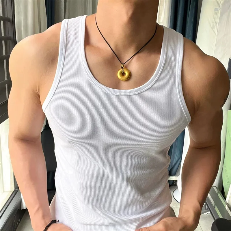 Vintage Stretch Slim Round Neck Tank Top Sleeveless T-Shirt Bottom Shirt Sports Sweat Absorbent Tough Fitness Men