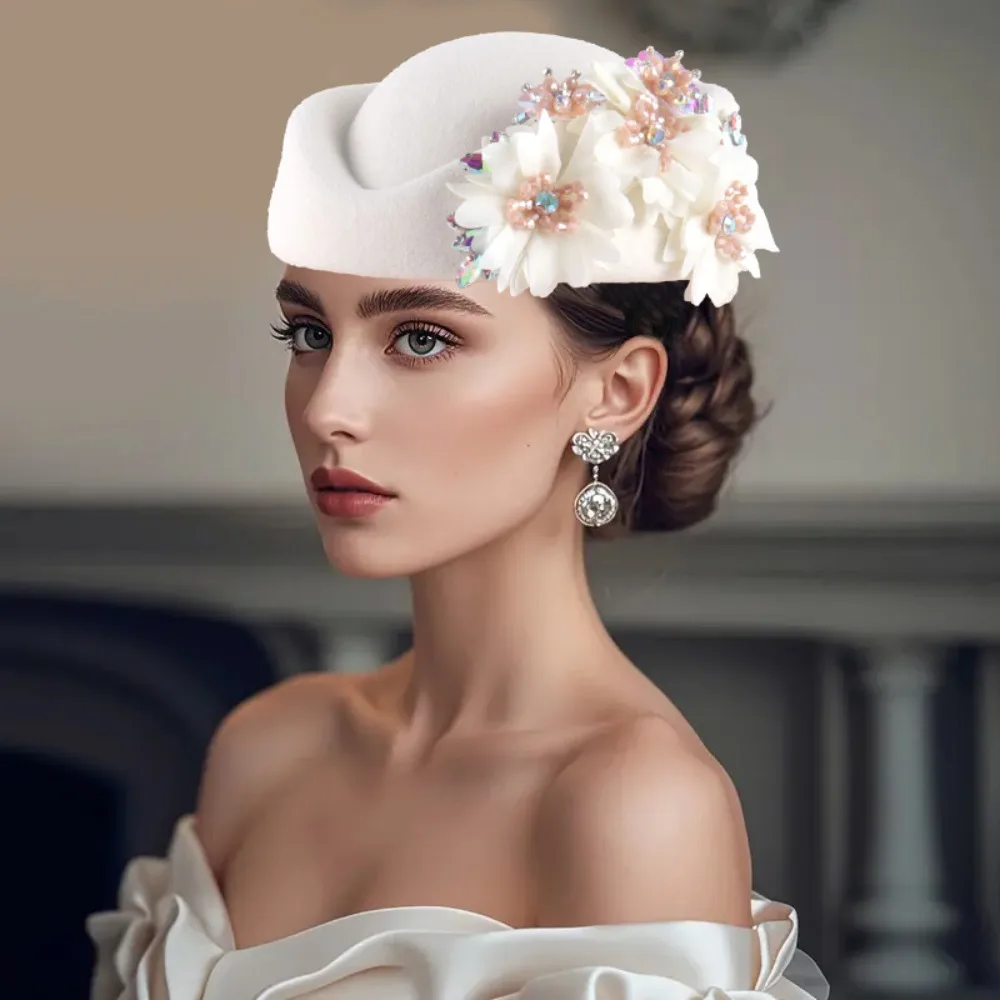 

Fashion With Flower Felt Turban Hat Casual Vintage Church Derby Fascinator Hat Soft Tea Party Cap for Women