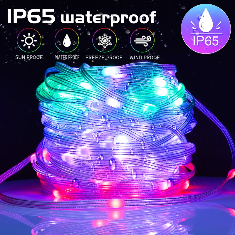 RGB IC Luzes de Natal para árvore, Luzes LED Fairy String, Luzes de acampamento ao ar livre, Decoração de festa de Ano Novo, 2024