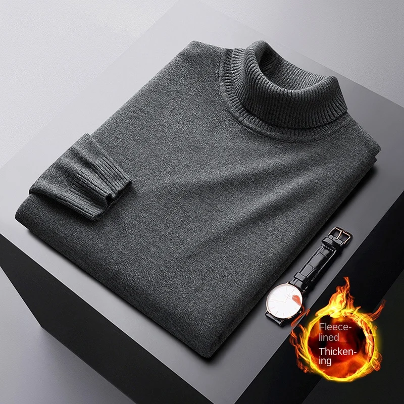 Inverno térmico gola alta camisola masculina forrado de lã resistente ao frio high-end all-match estiramento casual moda engrossado sólido co