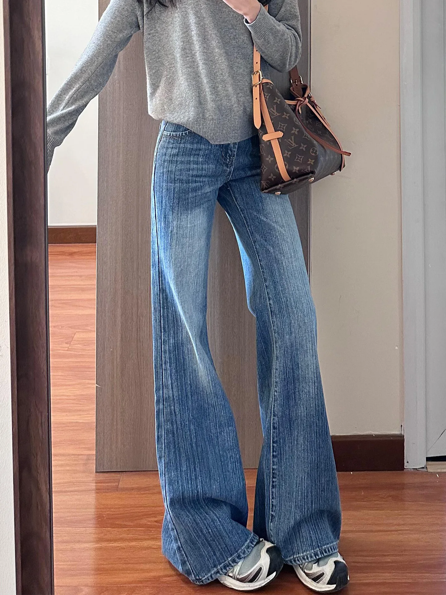 

Slimming Deep Blue American Style High Waist Straight Leg Wide Leg Jeans Women's Casual Comfortable Stretch Denim Pants