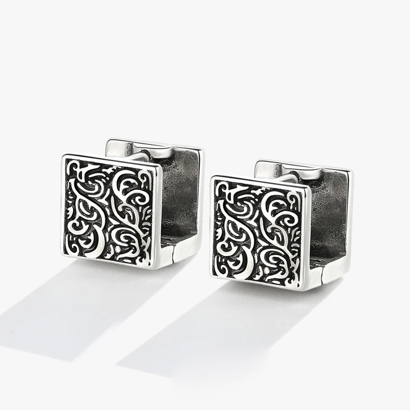 KOFSAC Trendy Thai Silver Square Hoop Earrings For Women Chic Plant Pattern Earring Personality Jewelry