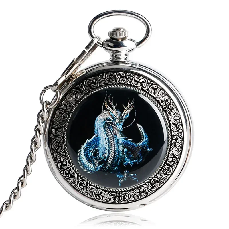 Steampunk Dragon Design Silver Men Women Mechanical Hand Winding Pocket Watch Roman Number Fob Chain Watch Relogio De Bolso