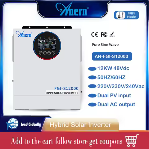 Anern 12KW Hybrid Solar Inverter Off-grid 48Vdc 160A MPPT Dual PV Input Dual AC Output with WIFI Pure Sine Wave Inverter