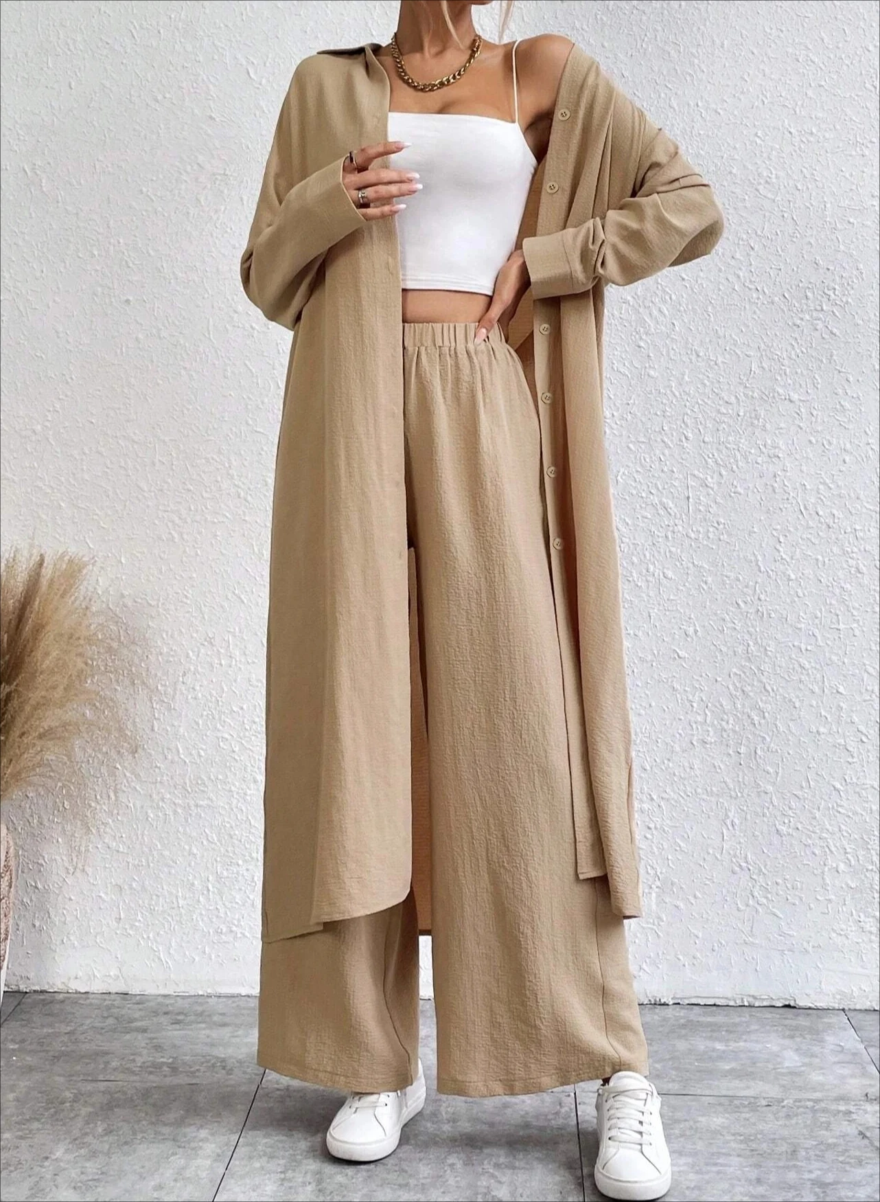 

Комплект из двух предметов, женская однотонная рубашка на пуговицах спереди, широкие брюки, повседневный комплект из топа и брюк с длинными рукавами