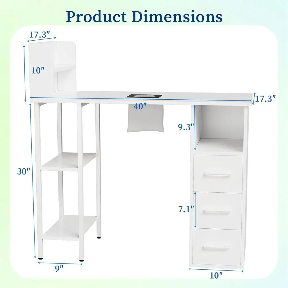 Electric Dust Collector Manicure Table with 3 Drawers, 2-Tier Cabinet & 3-Tier Shelves, White for Salon or Home