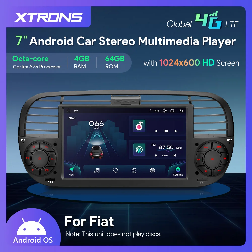 XTRONS 7'' Android 13  Octa Core 4+64 Car Stereo Multimedia Player For Fiat 500 (2007-2015) Car Radio Built-in DSP Carplay AA 4G