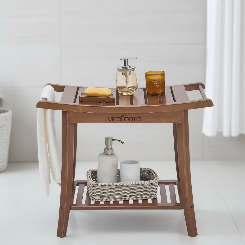 

Водонепроницаемая бамбуковая скамейка для душа с полкой для хранения, нескользящее сиденье для спа для использования в ванной комнате в помещении и на открытом воздухе