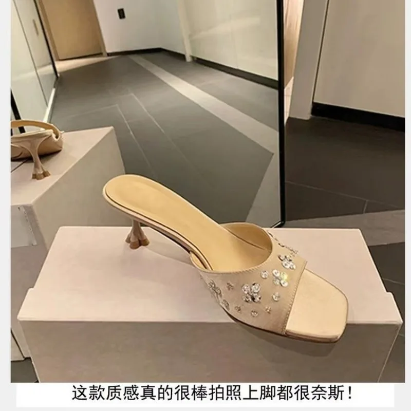 2024 new French square head rhinotone kitten with flip-flops female summer wear fairy wind line with high heels slippers