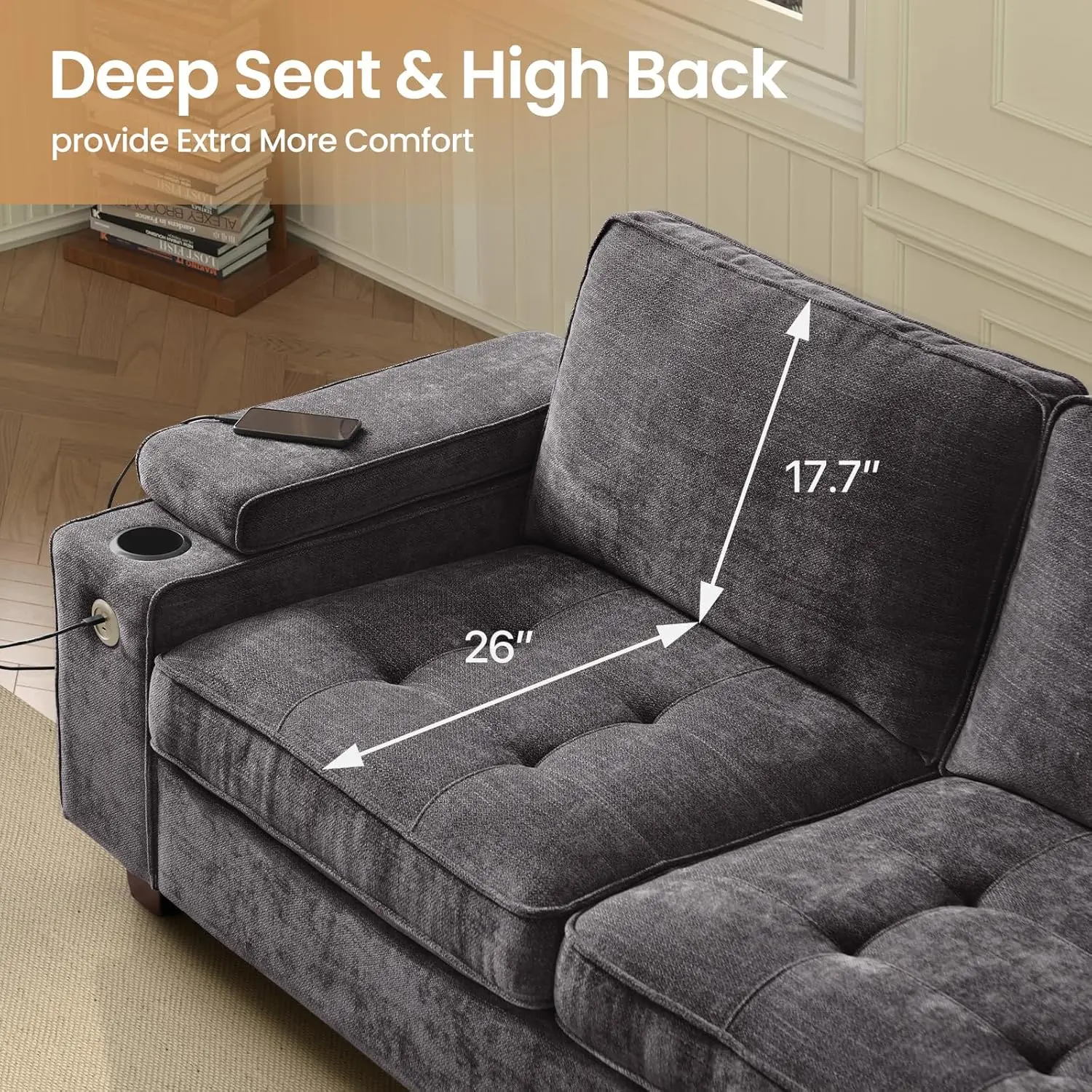 أريكة حديثة بمقعدين من الشنيل مع مسند ذراع تخزين قابل للتعديل وحاملات أكواب ومنافذ USB/Type-C لغرفة المعيشة #2