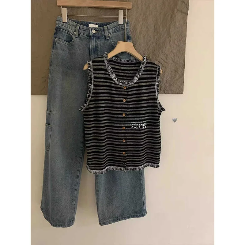 레트로 태슬 헴 스트라이프 라운드 네슬 라이크라 실크 니트 베스트 여성용 탑 패셔너블 출퇴근용 슬림핏