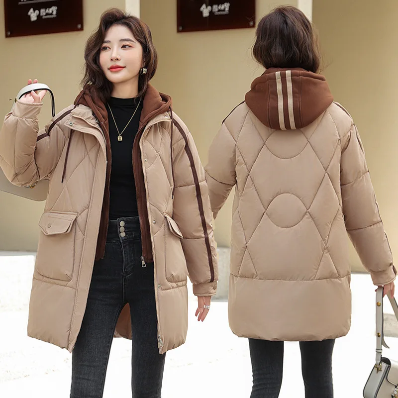 Hooded Parkas Coats Women Mid Length Solid Jackets Drawstring Pocket Zipper Long Sleeves Loose Office Lady Casual 2025 Winter
