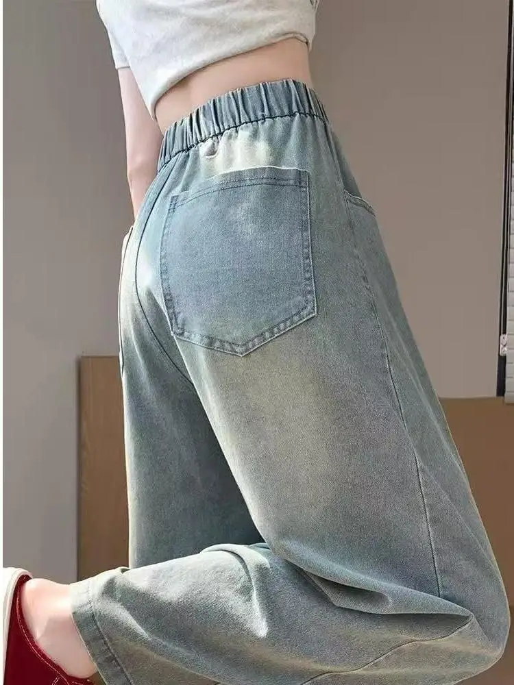 High Waist Straight Leg Harlan Jeans Women's Summer New Style Silk Nine Points Slim Fit Casual Trousers Pure Color Denim