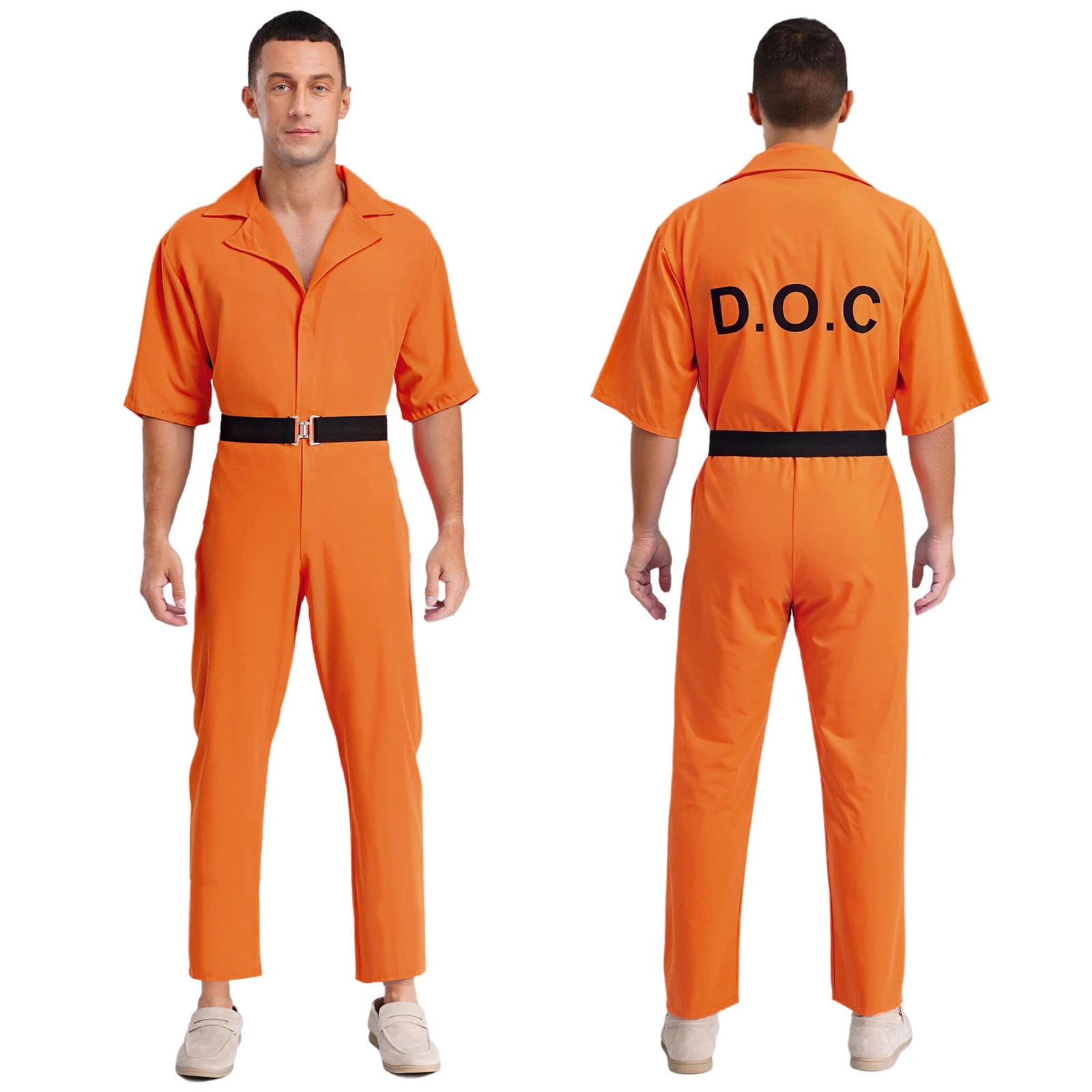 

Unisex Halloween Prisoner Convict Criminal Cosplay Jumpsuit with Waist Belt Orange Inmate Jail Bodysuit for Carnival Costume