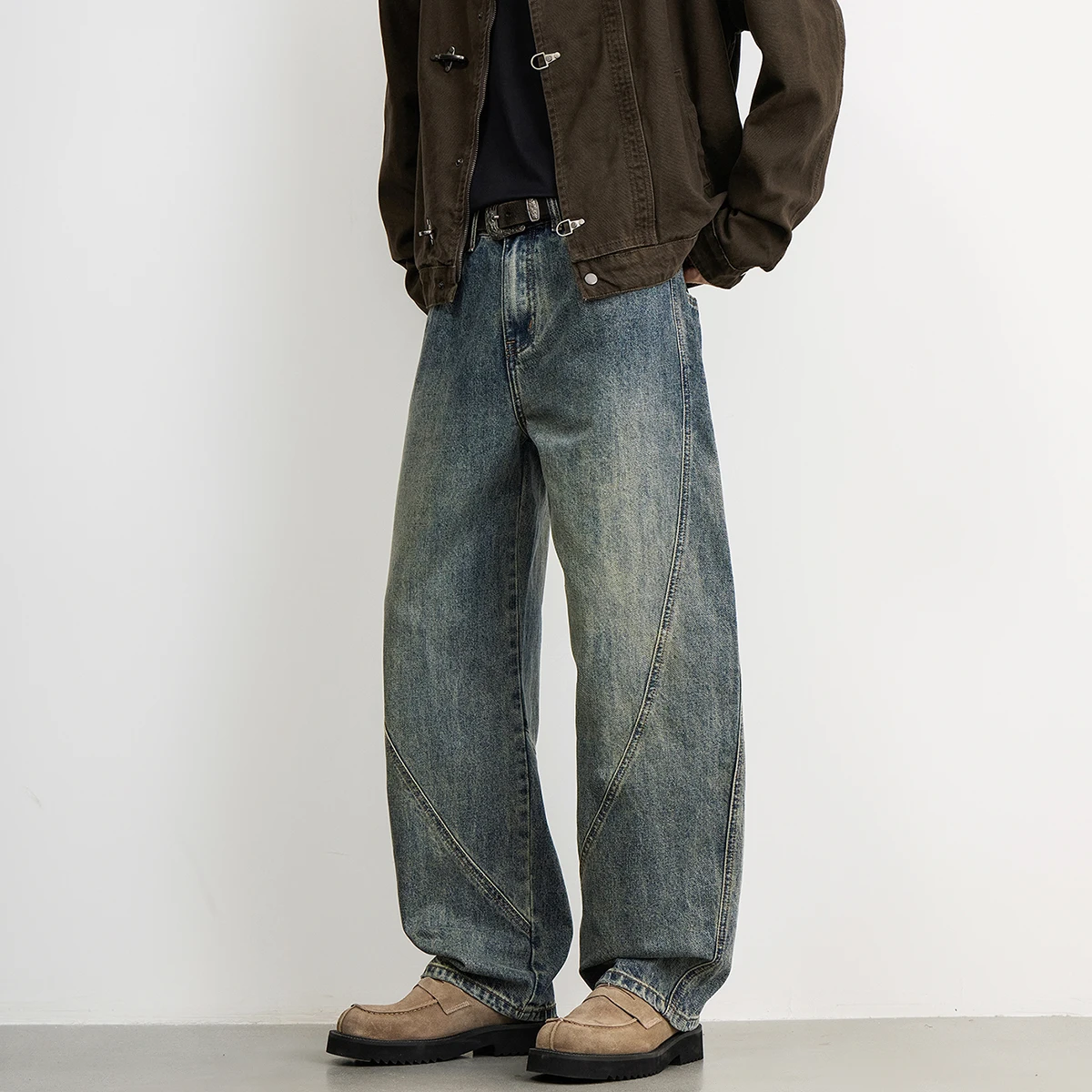 American Vintage Washed Distressed Designer Curved-blade Jeans for Men Rogueishly Cool Vibe Premium Drape Wide-leg Denim Pants