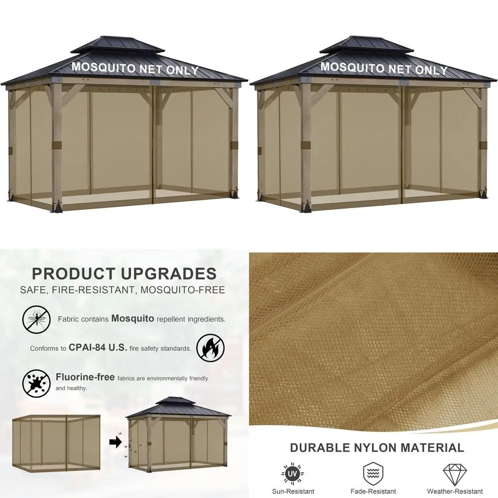 

10' x 13' Universal Mosquito Netting for Gazebos, 4-Panel Screen Walls with Double Zippers, Brown