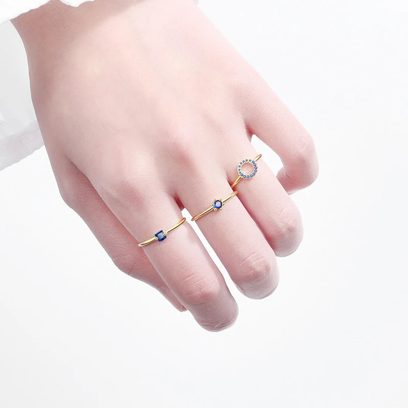 3 Pcs/set Simple Style Open Rings For Women Shiny Micro Blue Crystal Zironia Copper Female Thin Ring Accessories Jewelry Gifts