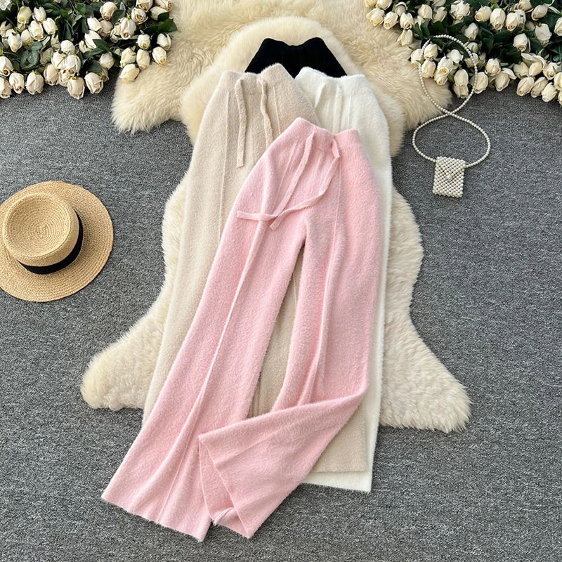 

Korean style lazy soft knitted wide leg pants autumn winter new casual high waisted slimming straight leg floor length pants