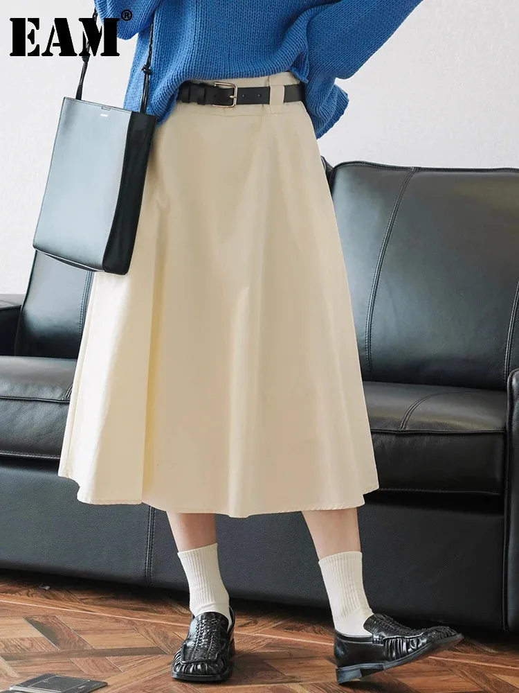 

[EAM] High Waist Apricot Pleated Casual A-line Half-body Skirt Loose Fit Women Fashion Tide New Spring Autumn 2024 1DH0001