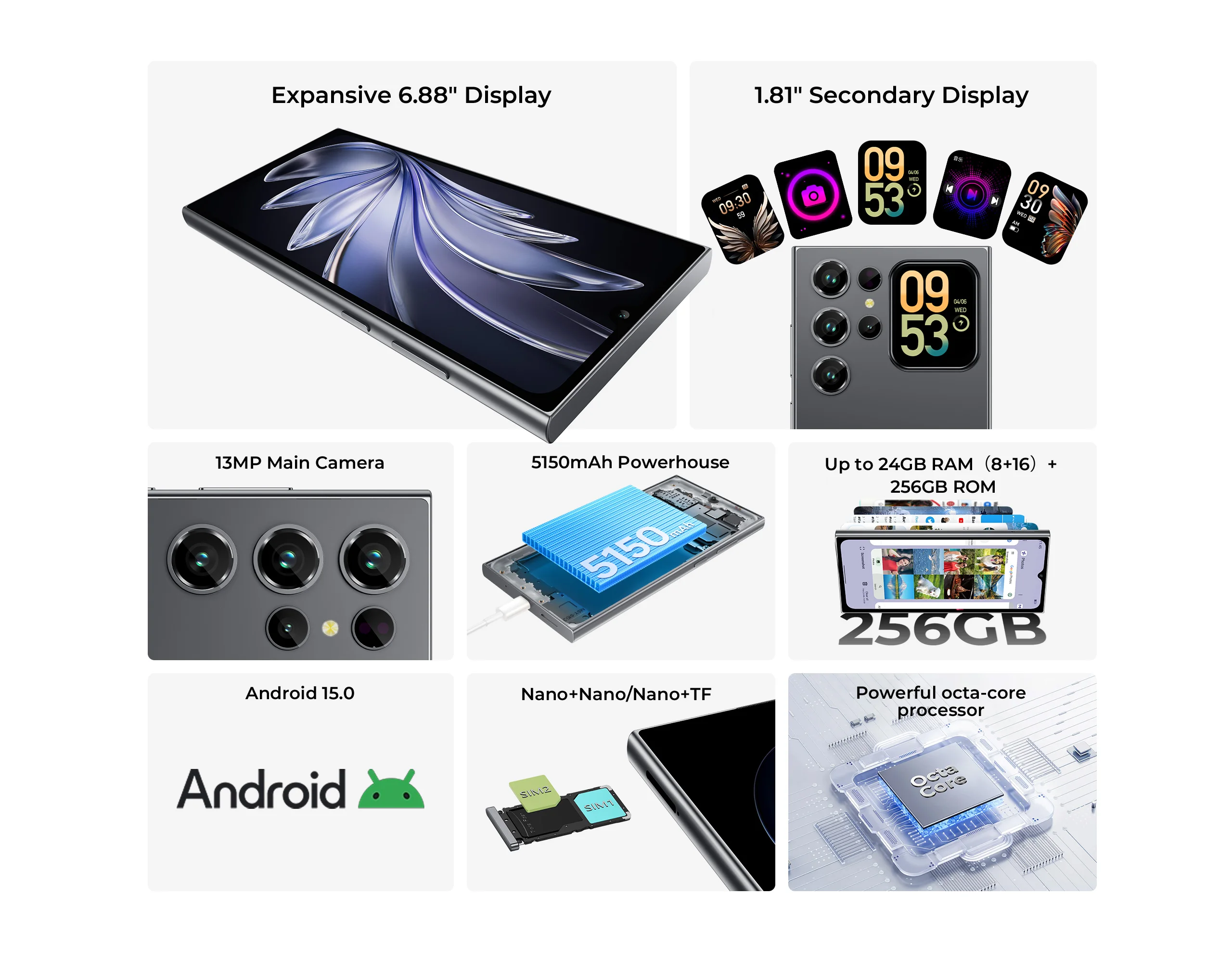 OUKITEL C62 Pro NFC Smartphone Android 15, 6.88" HD+ 1.81" Sub Screen Unisoc T615 Cell Phone, 24GB (6+18) + 256GB, 5150mAh
