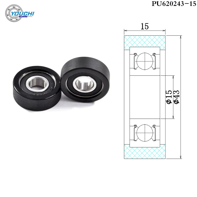 2pcs OD 43 mm PU Coated Roller With 6202RS Bearing 15x43x15 PU620243-15 Urethane Soft Rubber Covered Wheel Pulleys